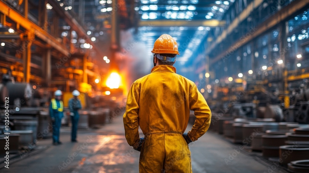 Industrial Worker in Yellow Jumpsuit Standing in a Factory Industrial Worker in Yellow Jumpsuit Standing in a Factory