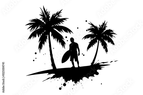 Retro vintage surfing silhouette landscape design with a palm trees on white background.