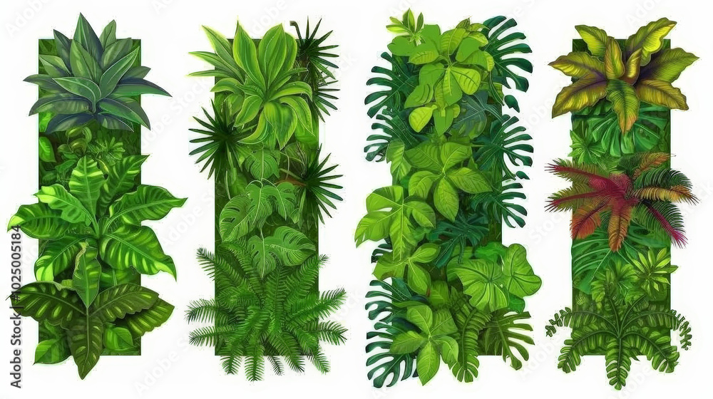 set of green garden walls with tropical plants set of green garden walls with tropical plants