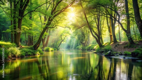 Symmetrical tranquil forest with sunlight filtering through lush green trees by a serene flowing river