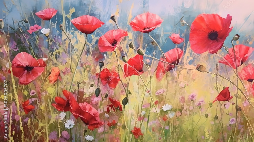 Obraz premium Lush Summer Landscape A Sea of Red Poppies Flourishing in the Sun