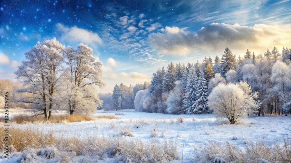 Winter landscape with snowfall and blizzard, trees, dry grass, field, panoramic view, reflection Winter landscape with snowfall and blizzard, trees, dry grass, field, panoramic view, reflection