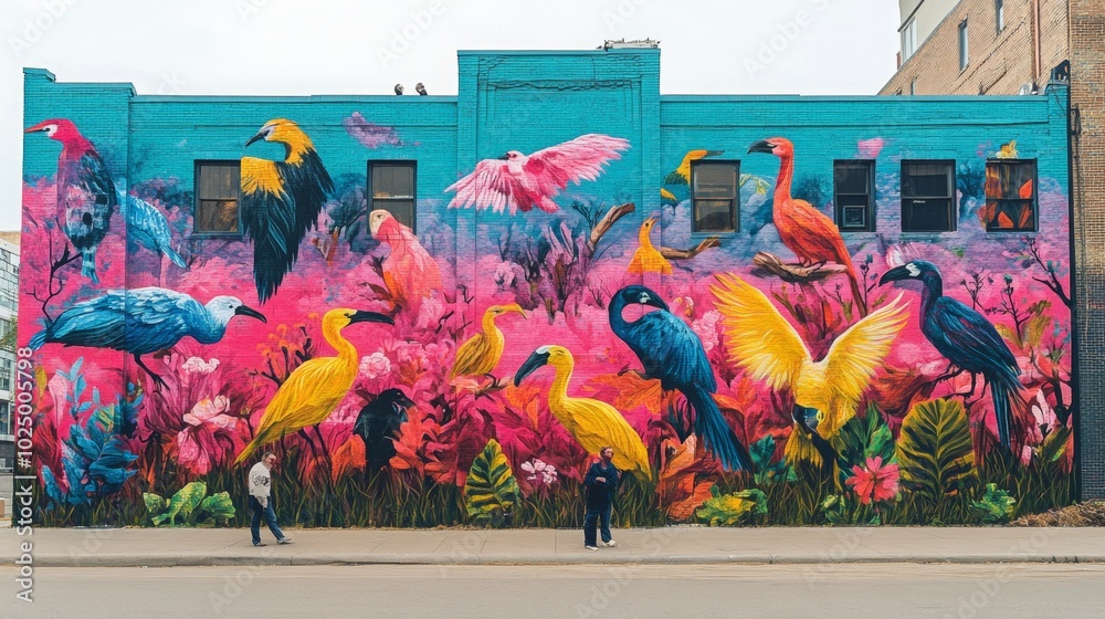 Fototapeta premium Urban Wildlife Mural with Interactive Animals, a colorful street art scene blending nature and city life, showcasing vibrant wildlife against urban backdrop