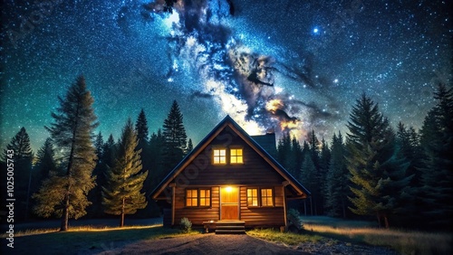 Symmetrical wooden cabin nestled in forest under starry night sky with constellations