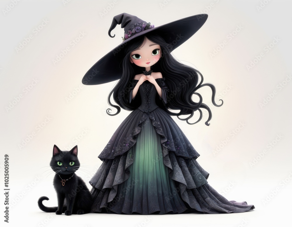 A cute witch in a black dress and hat stands next to a black cat. Both characters convey an atmosphere of magic and friendliness. On a white background. A cute witch in a black dress and hat stands next to a black cat. Both characters convey an atmosphere of magic and friendliness. On a white background.