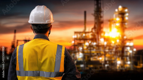 worker in safety gear observes industrial site at sunset, showcasing vibrant colors of sky and illuminated structures. scene reflects dedication and safety in workplace