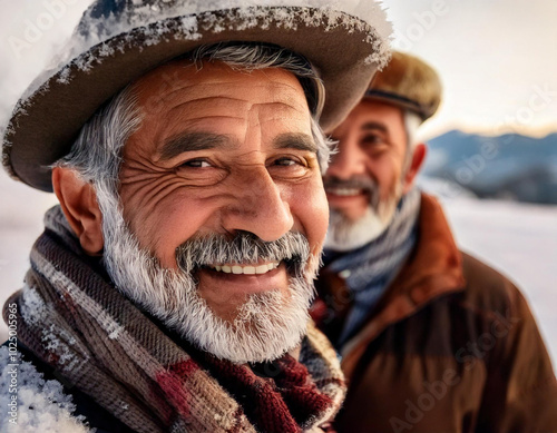 Elderly Couple in Warm Clothing Amid Cold Weather photo