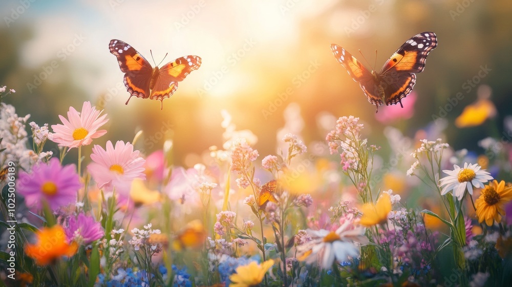 Vibrant spring meadow, colorful flowers in full bloom, butterflies fluttering gracefully, a lively celebration of nature's beauty Vibrant spring meadow, colorful flowers in full bloom, butterflies fluttering gracefully, a lively celebration of nature's beauty