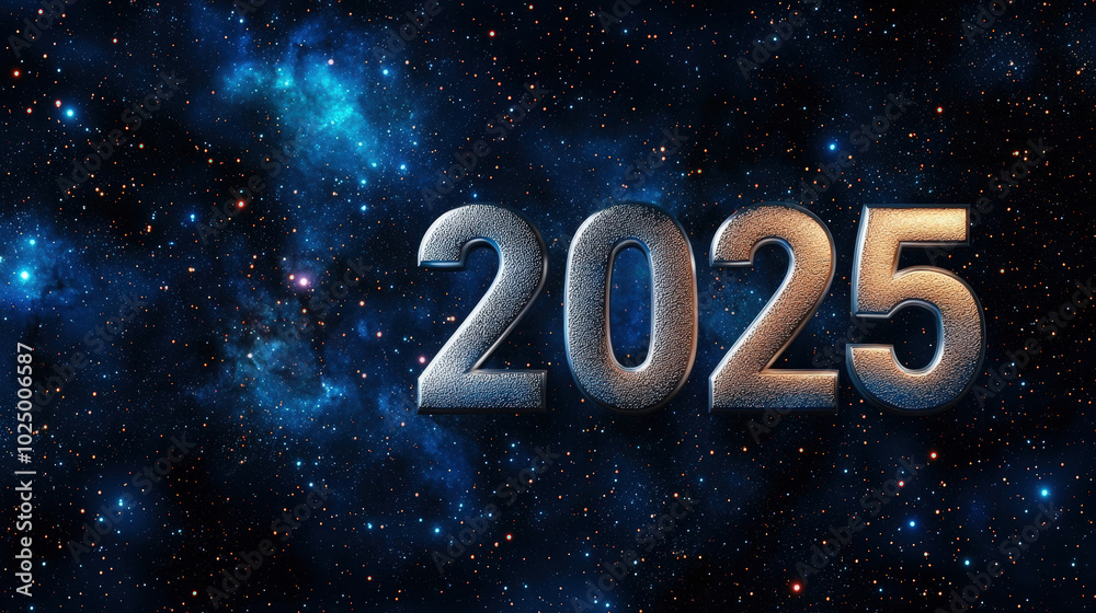Futuristic silver 3D metallic text 2025 on cosmic galaxy background filled with stars and nebulae creates captivating and imaginative atmosphere Futuristic silver 3D metallic text 2025 on cosmic galaxy background filled with stars and nebulae creates captivating and imaginative atmosphere