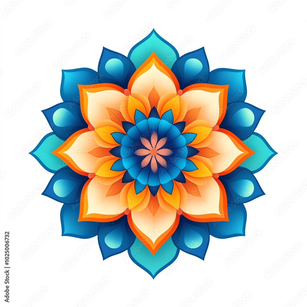 A colorful mandala design featuring layered petals in vibrant blue, orange, and aqua tones, radiating harmony and beauty. A colorful mandala design featuring layered petals in vibrant blue, orange, and aqua tones, radiating harmony and beauty.
