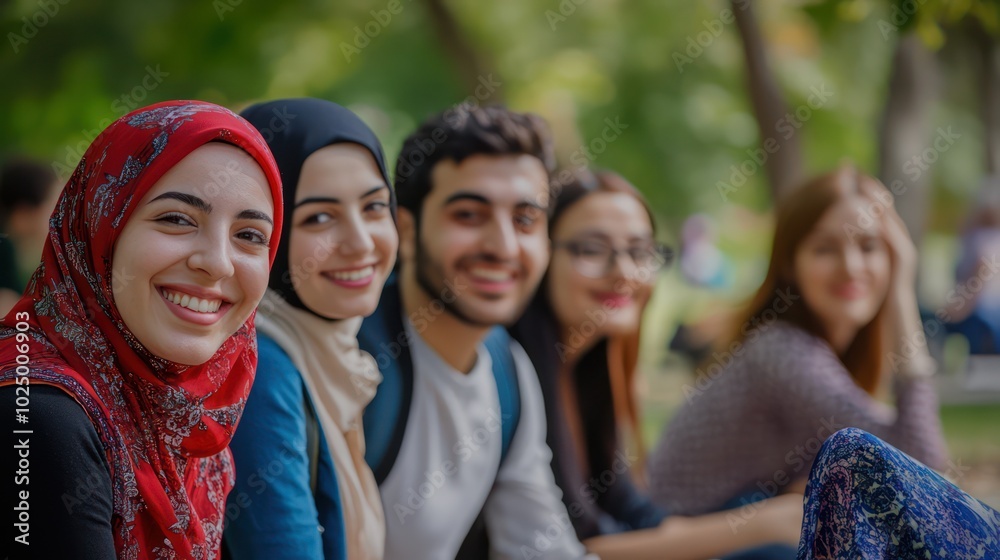 A multicultural group from Turkey, UAE, and Iraq spending time in an urban park, blending cultural diversity with a focus on health and well-being in green spaces A multicultural group from Turkey, UAE, and Iraq spending time in an urban park, blending cultural diversity with a focus on health and well-being in green spaces