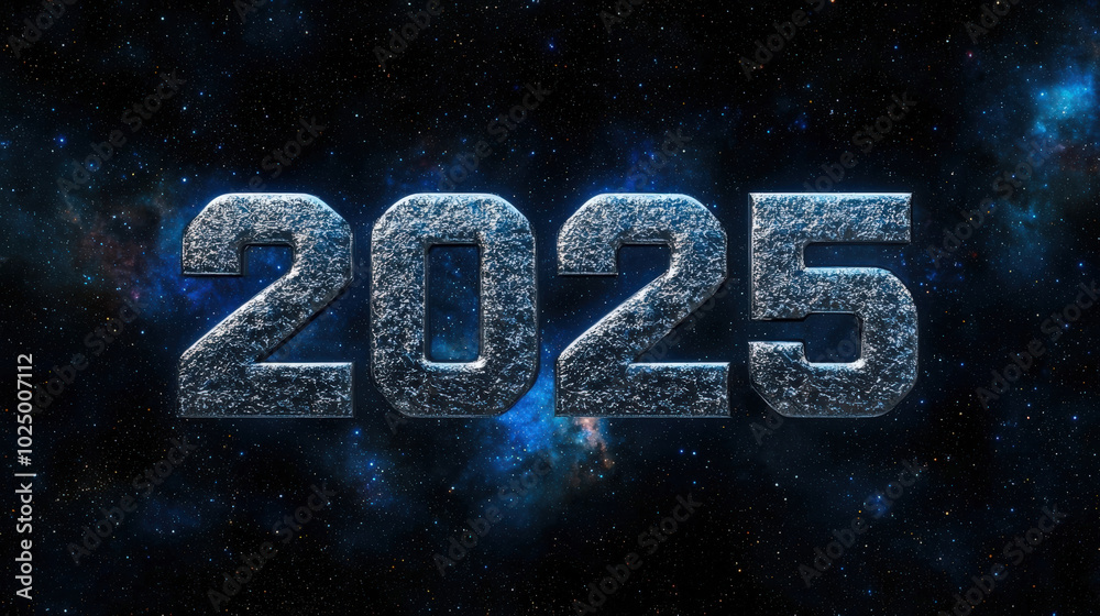 stunning metallic silver representation of year 2025 set against cosmic galaxy backdrop filled with stars and nebulae, evoking sense of wonder and exploration stunning metallic silver representation of year 2025 set against cosmic galaxy backdrop filled with stars and nebulae, evoking sense of wonder and exploration