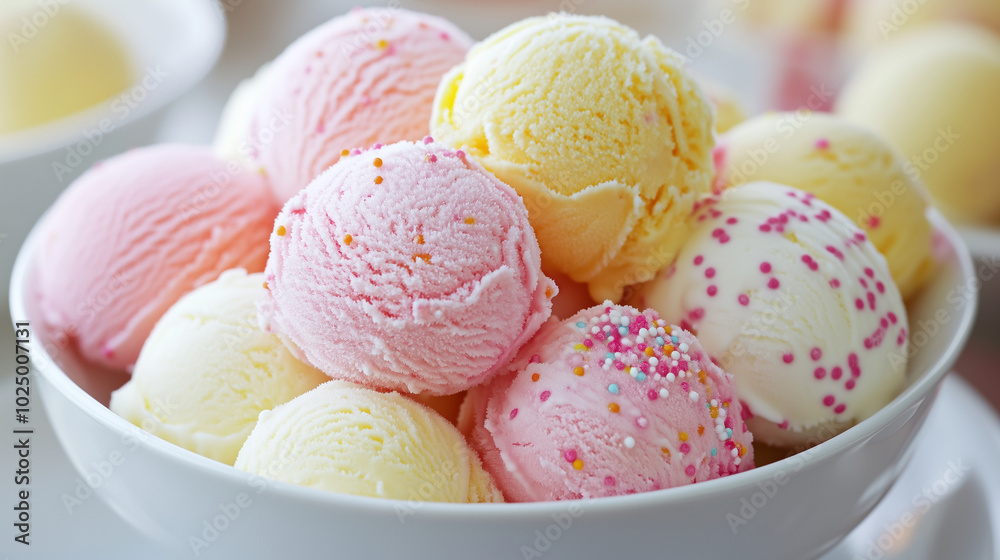 A vibrant bowl filled with colorful ice cream scoops, decorated with sweet sprinkles. Vanilla, strawberry, and creamy shades of ice cream create a delicious appearance A vibrant bowl filled with colorful ice cream scoops, decorated with sweet sprinkles. Vanilla, strawberry, and creamy shades of ice cream create a delicious appearance