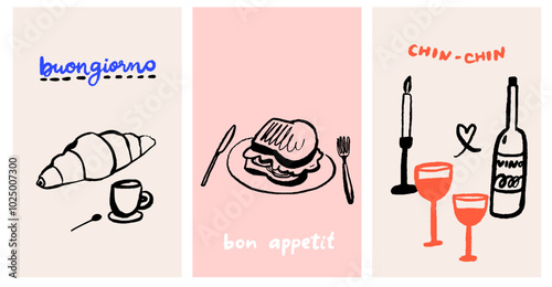 Cafe posters set, breakfast croissant with coffee cup, toasted bread for lunch, romantic dinner with wine glasses and candles. Modern trendy doodle drawing prints