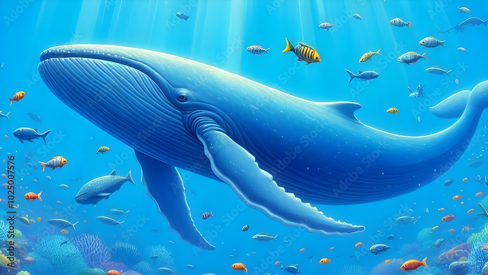 Fototapeta premium exiting large big whale in the ocean eats ornamental fish