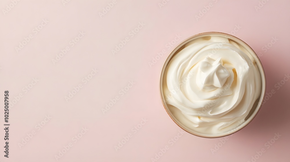 3. A minimalistic top view of a bowl of sour cream on a subtle pastel background, showcasing the texture and smoothness of the cream, with clear copy space for promotional use 3. A minimalistic top view of a bowl of sour cream on a subtle pastel background, showcasing the texture and smoothness of the cream, with clear copy space for promotional use