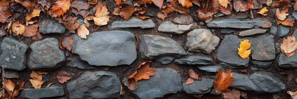 Weathered Stone Pathway with Autumn Leaves, inviting rustic charm through a top-down perspective, showcasing nature's seasonal beauty Weathered Stone Pathway with Autumn Leaves, inviting rustic charm through a top-down perspective, showcasing nature's seasonal beauty