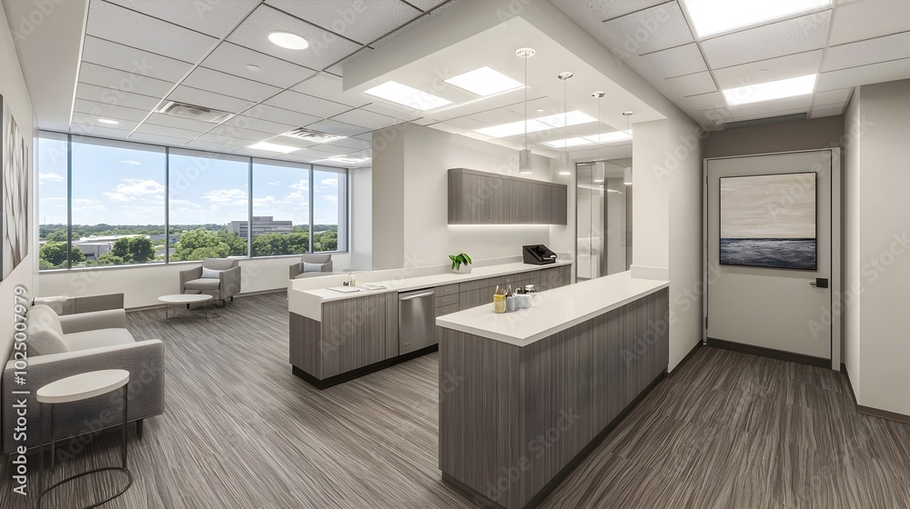 Fototapeta premium Sleek and Bright Modern Coworking Space with Open Desks Natural Light and Minimalist Furniture Ideal Workspace for Collaborative and Creative Professionals