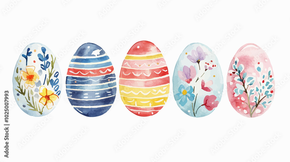 A vibrant Easter-themed illustration featuring pastel-colored eggs adorned with floral patterns, surrounded by blossoming flowers and foliage. A joyful celebration of springtime in soft, charming colo