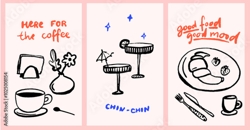 Modern cafe posters with freehand drawings, here for the coffee funny inscription, two glasses of champagne, croissant at breakfast