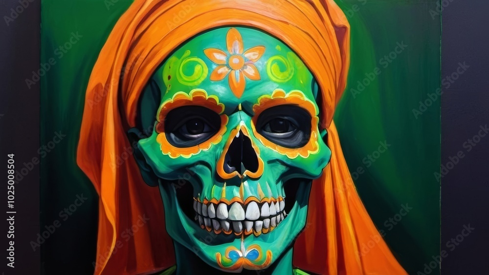 A vibrant painting featuring a woman with a striking green and orange skull, showcasing bold colors and artistic expression. A vibrant painting featuring a woman with a striking green and orange skull, showcasing bold colors and artistic expression.
