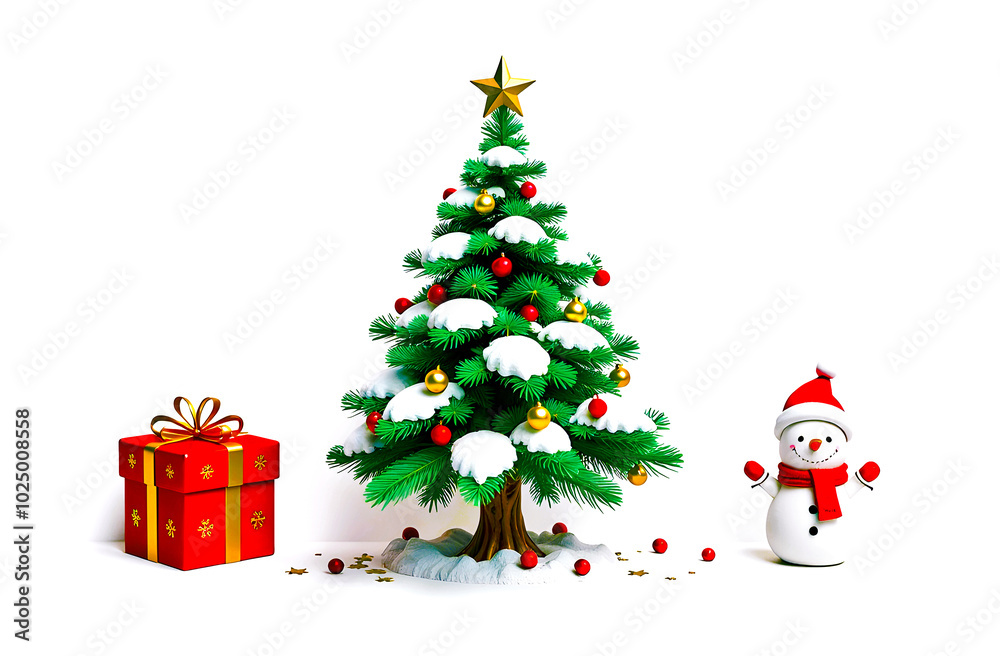 Festive Christmas Decorations With a Tree, Gifts, Snowman, and Santa Figure During the Holiday Season Festive Christmas Decorations With a Tree, Gifts, Snowman, and Santa Figure During the Holiday Season