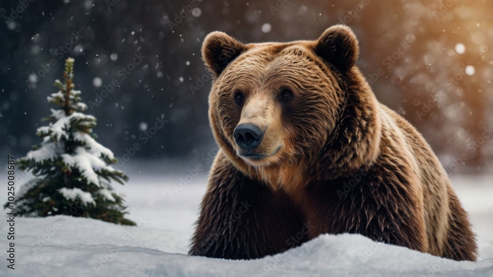 A brown bear stands in the snow, with a tree visible in the background, creating a serene winter scene. A brown bear stands in the snow, with a tree visible in the background, creating a serene winter scene.