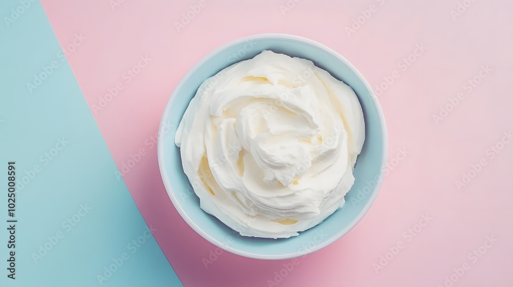 5. An artistic overhead shot of a bowl of sour cream against a pastel backdrop, emphasizing the creamy texture, with plenty of empty space for design elements or advertising 5. An artistic overhead shot of a bowl of sour cream against a pastel backdrop, emphasizing the creamy texture, with plenty of empty space for design elements or advertising