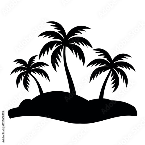 Palm Tree Silhouette Vector Illustration on Small Island Isolated on White Background