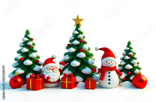Festive Christmas Decorations With a Tree, Gifts, Snowman, and Santa Figure During the Holiday Season