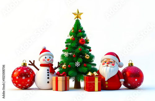 Festive Christmas Decorations With a Tree, Gifts, Snowman, and Santa Figure During the Holiday Season