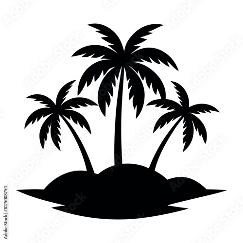 Palm Tree Silhouette Vector Illustration on Small Island Isolated on White Background