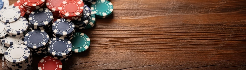 A dynamic spread of colorful poker chips on a wooden table, evoking the energy of a fast-paced casino environment A dynamic spread of colorful poker chips on a wooden table, evoking the energy of a fast-paced casino environment