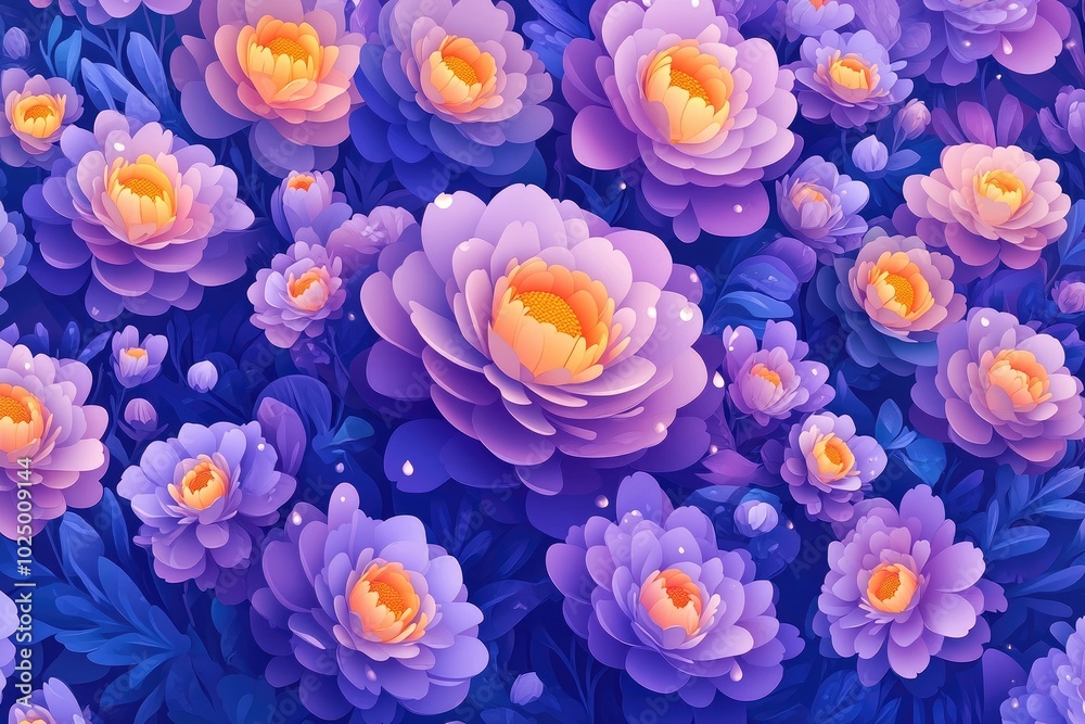 Vibrant purple alpine asters with orange centers adorned with raindrops, blooming beautifully in a garden setting Vibrant purple alpine asters with orange centers adorned with raindrops, blooming beautifully in a garden setting