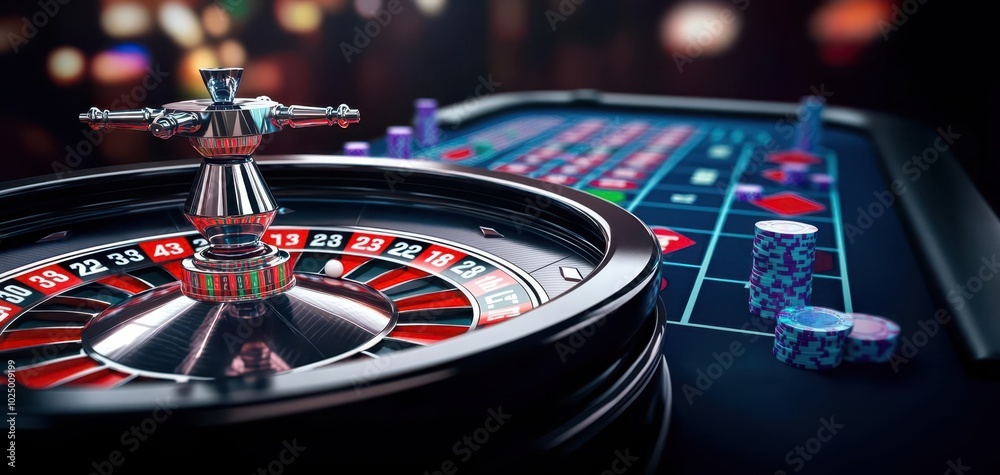 Close-up of a roulette wheel in a casino setting. Close-up of a roulette wheel in a casino setting.