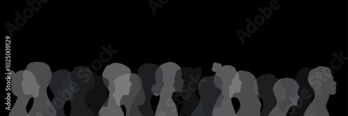 Dark crowd concept design, banner or border illustration with human silhouettes, diversity cover, people footer with black background