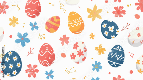 A vibrant Easter-themed illustration featuring pastel-colored eggs adorned with floral patterns, surrounded by blossoming flowers and foliage. A joyful celebration of springtime in soft, charming colo