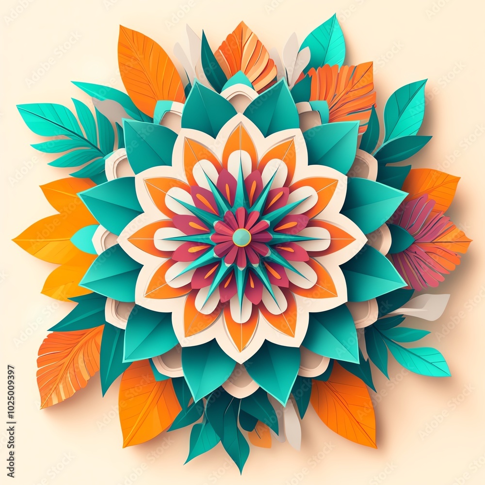 A vibrant, layered paper flower design featuring teal, orange, and white tones, radiating a harmonious and artistic expression. A vibrant, layered paper flower design featuring teal, orange, and white tones, radiating a harmonious and artistic expression.