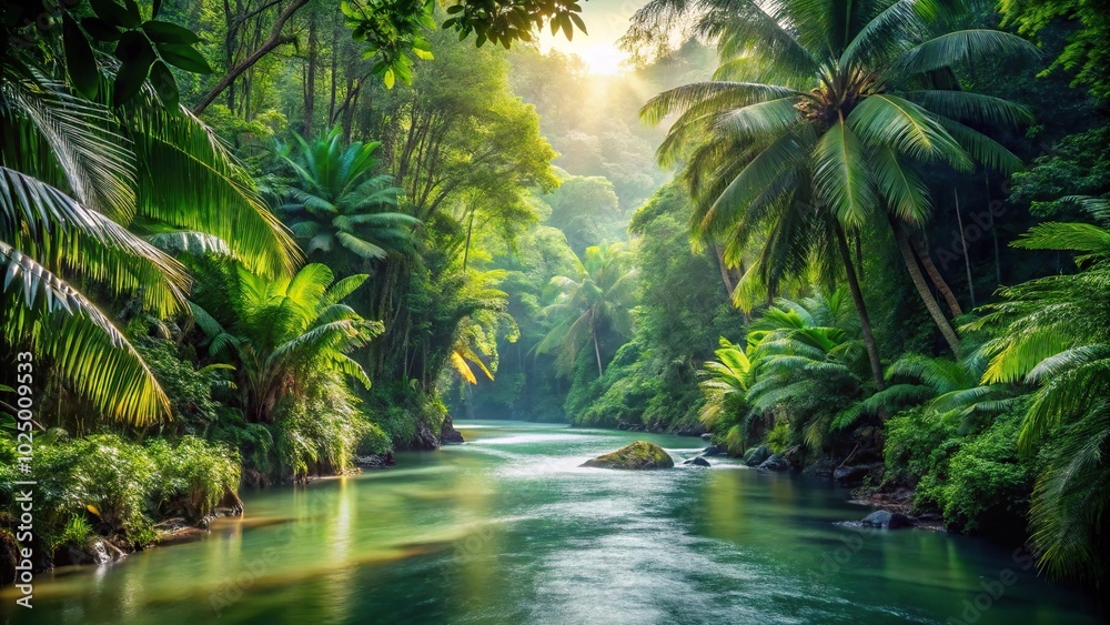 Jungle scene with flowing river and tropical vegetation silhouette Jungle scene with flowing river and tropical vegetation silhouette