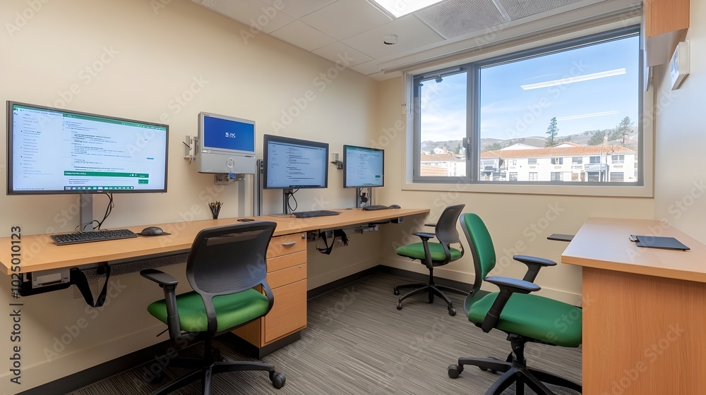 Photograph showcasing a modern tech friendly coworking space with multiple screens ergonomic chairs and sleek workstations all set against an isolated background Photograph showcasing a modern tech friendly coworking space with multiple screens ergonomic chairs and sleek workstations all set against an isolated background