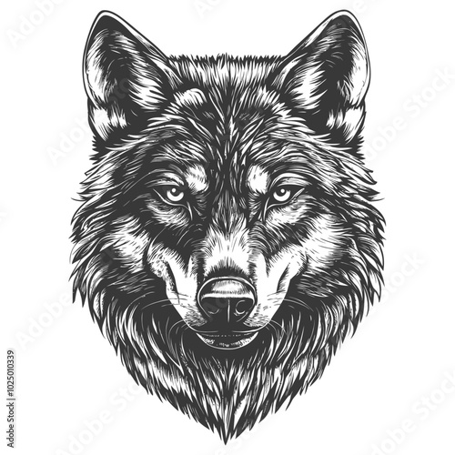 Detailed Black and White Hand Drawn Illustration of a Wolfs Head