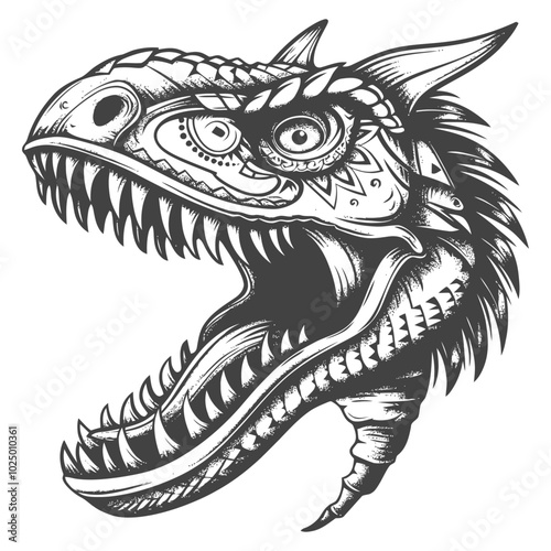 Detailed Black and White Illustration of a Dinosaurs Head with an Open Mouth