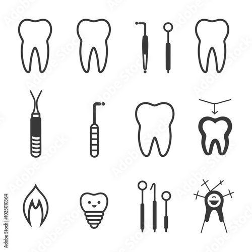 Dental care icons set  teeth tools and implant