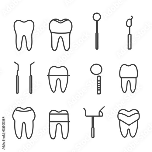 Dental Care Icon Set with Teeth Tools and Fillings