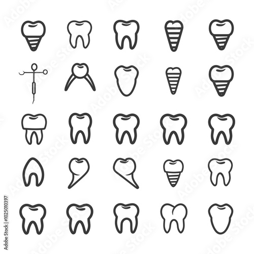 Dental Icon Set Representing Different Types of Teeth and Dental Tools