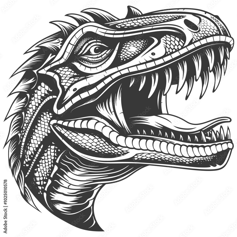 Detailed Black and White Illustration of a Dinosaurs Head with Open Mouth and Sharp Teeth Detailed Black and White Illustration of a Dinosaurs Head with Open Mouth and Sharp Teeth