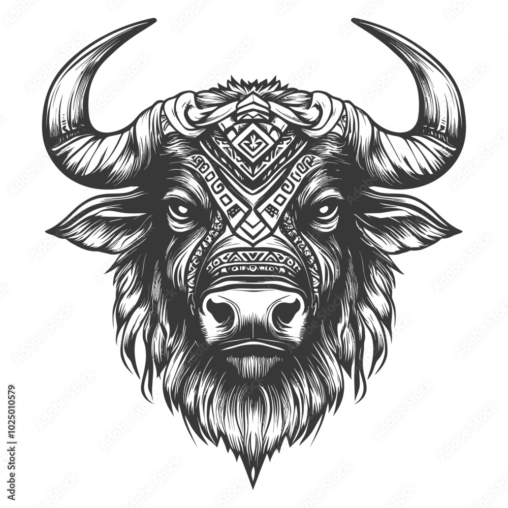 Detailed Black and White Illustration of a Bulls Head with Geometric Patterns Detailed Black and White Illustration of a Bulls Head with Geometric Patterns