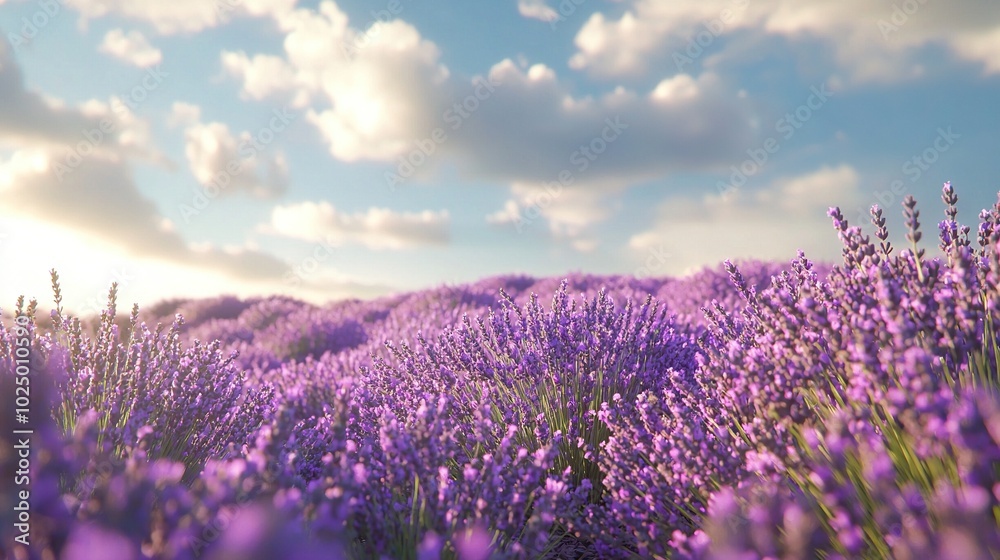Obraz premium Purple flower field beneath blue sky, sun at center, cloudy backdrop