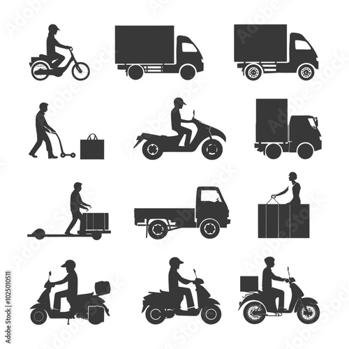 Delivery Methods A Collection of Black Silhouettes of Vehicles and People Transporting Goods