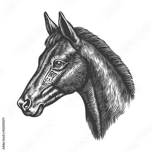Detailed Black and White Engraving of a Horses Head